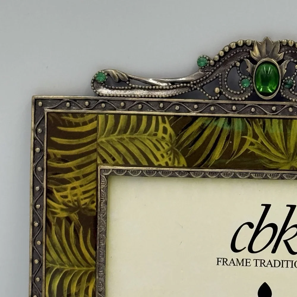CBK‎ Enamel Picture Frame Palm Leaf Print Metal Gemstone NO GLASS Tropical Glam